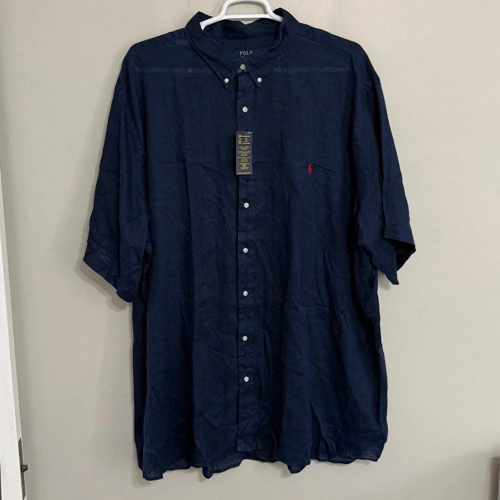NEW Polo Ralph Lauren Mens 4XLT Blue 100% Linen Short Sleeve Button Down Shirt